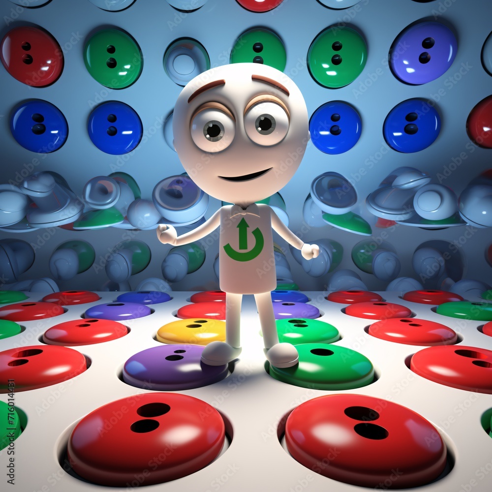 Poster a cartoon character standing in front of a colorful wall of buttons generative ai