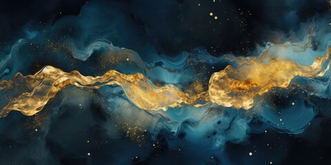 blue and gold abstract wallpaper with floating gold bubbles, in the style of fluid formations, dark cyan and gold