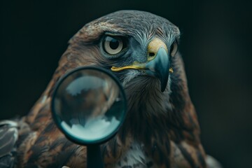 A majestic golden eagle intently gazes through a magnifying glass, revealing a keen curiosity and a desire to explore the hidden intricacies of the world around it