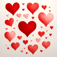 Watercolor red hearts of different sizes on paper.