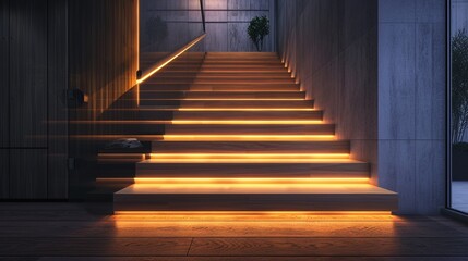A contemporary home featuring a wooden staircase with hidden LED lighting under each step, creating a warm, inviting ambiance. 8k