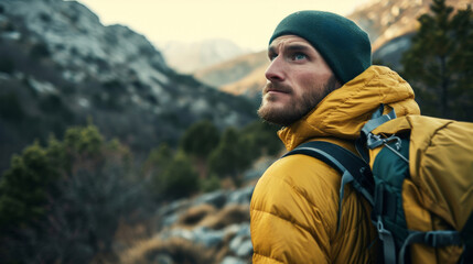 A rugged adventurer stands tall, gazing at the endless expanse of the majestic mountain peaks above, his trusty yellow jacket and hat protecting him from the unpredictable elements of the great outdo
