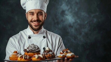 A skilled chef proudly displays his delectable pastries, evoking a sense of satisfaction and indulgence with his delectable baked goods against the backdrop of a kitchen wall