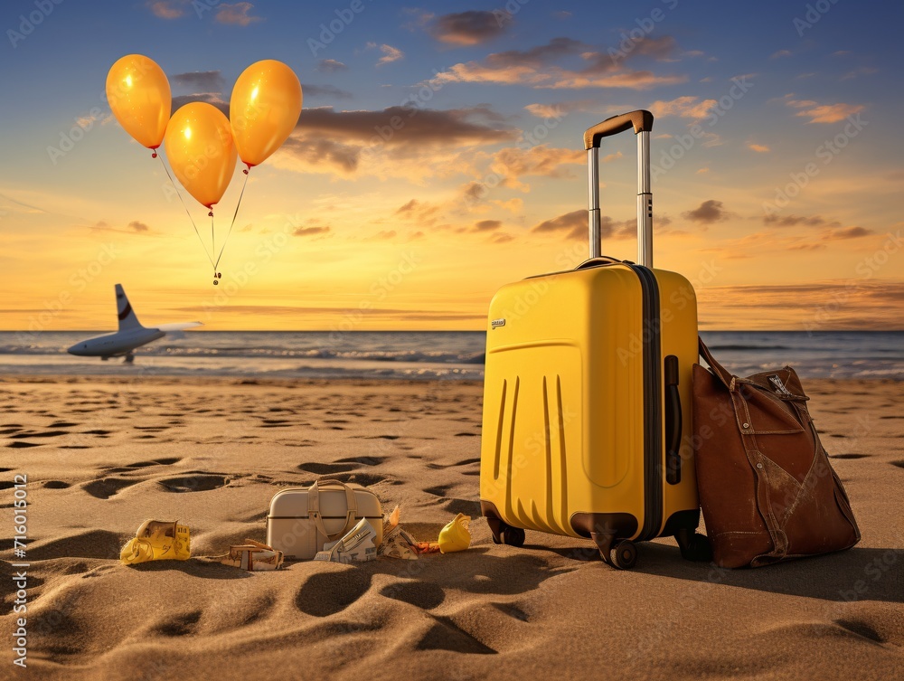Aufkleber a yellow suitcase on a beach with a plane in the background generative ai