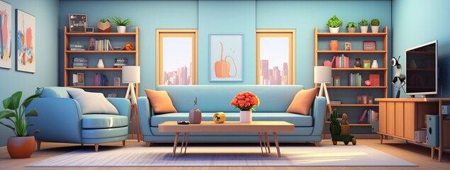 A blue couch with a vase of flowers on a table Generative AI