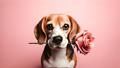 happy cute dog with a rose in his mouth for valentine day, birthday or anniversary, on a pink background	 - obrazy, fototapety, plakaty