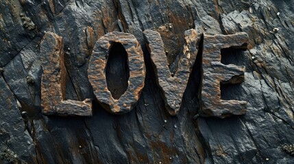 Gneiss Stone Love concept creative horizontal art poster. Photorealistic textured word Love on artistic background. Horizontal Illustration. Ai Generated Romance and Passion Symbol.