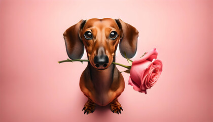 happy cute dog with a rose in his mouth for valentine day, birthday or anniversary, on a pink background	 - obrazy, fototapety, plakaty