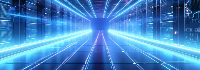 A futuristic blue tunnel with a bright light Generative AI