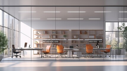 Modern Office Space with Glass Walls and Orange Chairs Generative AI