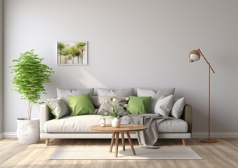 A cozy living room with a white couch and a potted plant Generative AI