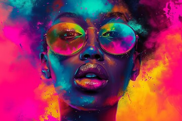 A vibrant portrait emerges as a woman's face becomes a canvas for an explosion of colorful paint splashes, creating a stunning display of artistic expression and individuality