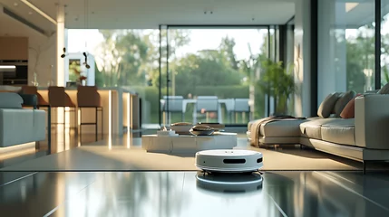 Fotobehang Uma sala de estar moderna banhada por uma suave luz ambiente destaca os elegantes dispositivos inteligentes para o lar integrados de forma perfeita à decoração © Alexandre