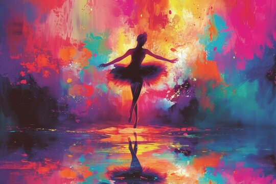 A vibrant acrylic painting captures the fluid movements of a woman dancing, her magenta dress swirling in perfect harmony with the music
