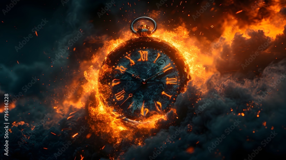 Poster burning time in the fire, a clock is on fire with a dark background and a black background with a re