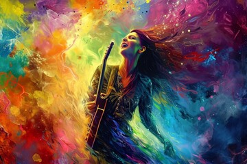A fiery display of passion and creativity as a woman strums her guitar, surrounded by the vibrant colors and fluid movements of modern art captured in acrylic paint