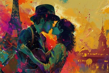 The vibrant strokes of acrylic paint blend together in a passionate embrace, as the human faces in this modern art piece become one through the power of love and visual expression