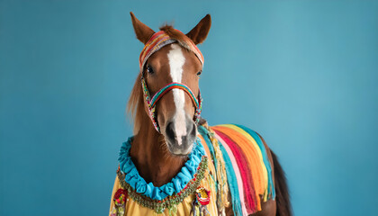 Hippie horse on solid blue background, commercial, advertisement, surrealism. Creative animal humanization concept. Generative AI
