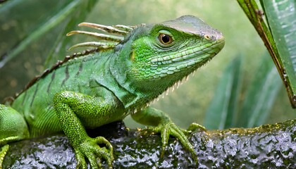 Fototapeta premium Green iguana in tropical jungle close up. 