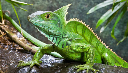 Obraz premium Green iguana in tropical jungle close up.