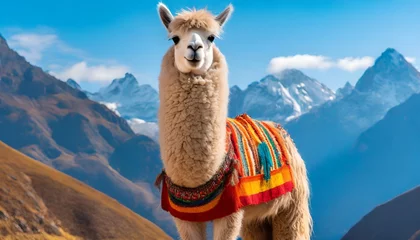 Fotobehang Alpaca in the mountains with hippie clothes, funny animal. © Anastasia Knyazeva