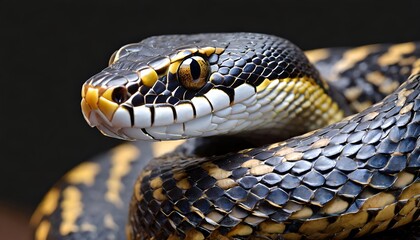 Fototapeta premium Snake close up with yellow skin on dark background. 