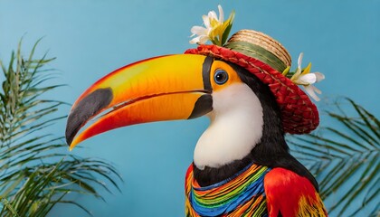 Hippie Toucan with hat on solid blue background, commercial, advertisement, surrealism. Creative animal humanization concept