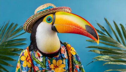 Hippie Toucan with hat on solid blue background, commercial, advertisement, surrealism. Creative animal humanization concept.