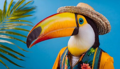 Hippie Toucan with hat on solid blue background, commercial, advertisement, surrealism. Creative animal humanization concept. 
