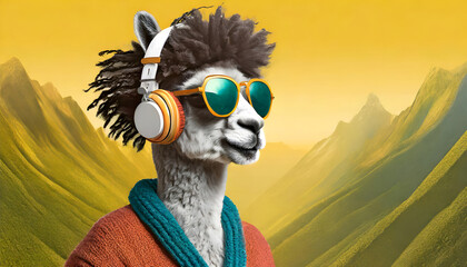 Hippie Lama in sunglass shade glasses and headphones on yellow background, commercial, advertisement, surrealism. Creative animal concept. Generative AI - obrazy, fototapety, plakaty