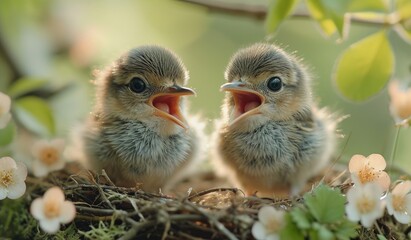 Two tiny gallinaceous bird babies nestled together in a cozy nest, their soft feathers and curious beaks a symbol of the delicate yet resilient beauty of the natural world