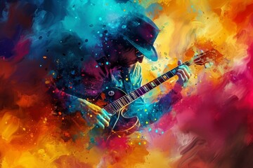 A vibrant melody comes to life through bold brushstrokes, as a man strums his guitar in a colorful abstract painting - obrazy, fototapety, plakaty