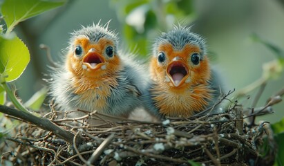 Obraz premium Two tiny beaks peep out from their cozy aerie, nestled in the safety of a bird's nest amidst the vast expanse of the great outdoors