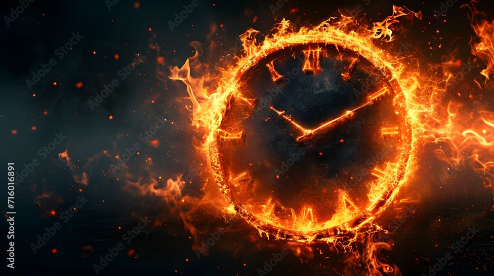 Poster fire alarm clock, a clock is on fire with a dark background and a black background with a red and ye