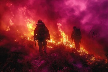 Fototapeta premium A team of courageous firefighters bravely traversing a blazing inferno, engulfed in searing heat and thick billows of smoke, with a raging wildfire threatening to explode on the picturesque mountains