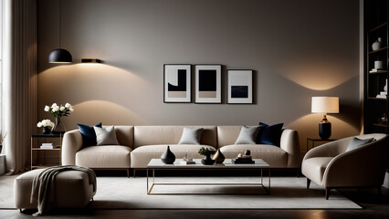 modern living room design , 3d render with stylish furnitures