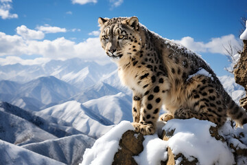 Snow leopard in the mountains. Beautiful winter landscape with snow leopard