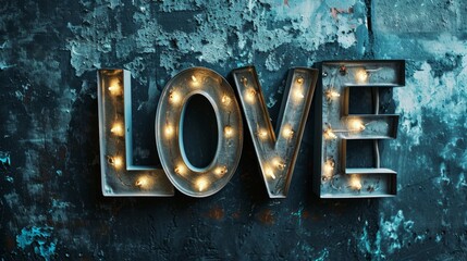 Grey LED Love concept creative horizontal art poster. Photorealistic textured word Love on artistic background. Horizontal Illustration. Ai Generated Romance and Passion Symbol.