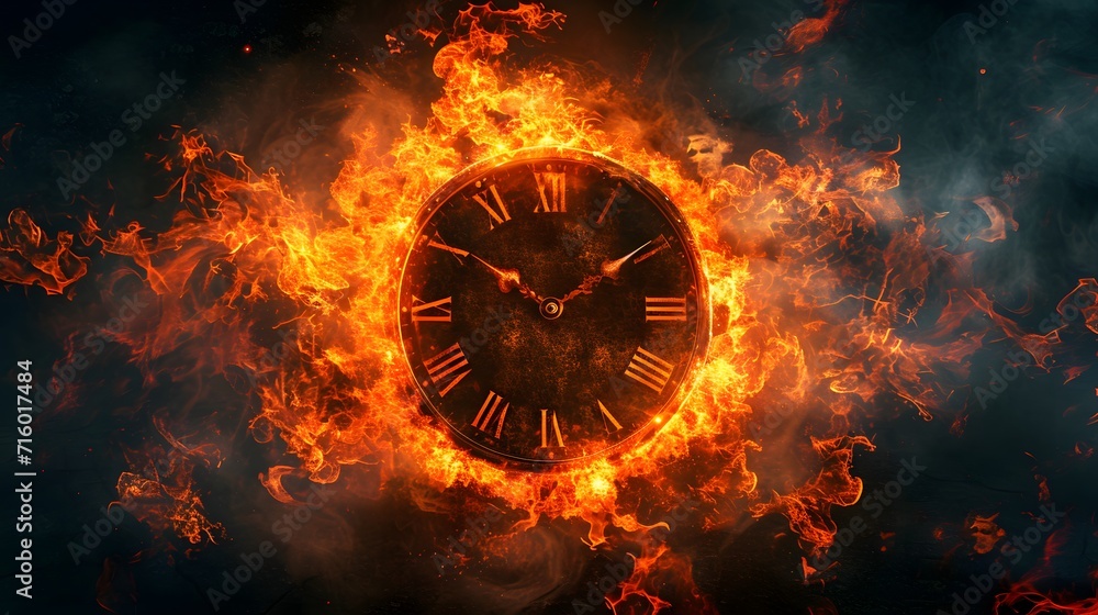 Poster burning fire in the time, a clock is on fire with a dark background and a black background with a re