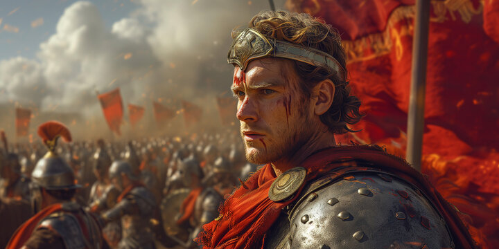 Alexander the Great in the midst of battle. His steely gaze radiates determination and fearlessness. Surrounded by an impressive phalanx of powerful soldiers.