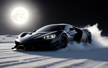 High-speed supercar gliding through a snowy landscape. Black racing sport car speeding across a wintry terrain