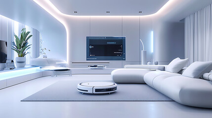 Uma sala de estar moderna repleta de tecnologia futurista; um design minimalista e elegante com linhas limpas e uma paleta de cores neutras define o cenário