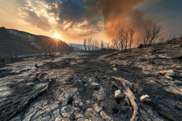 As the winter sun sets over the desolate landscape, the burnt trees and barren ground are illuminated by the last rays of light, painting a melancholic scene of nature's beauty and destruction