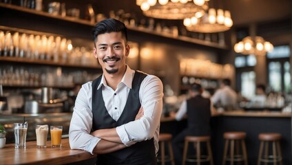 A waiter working in a cafe bar with blurred bokeh background