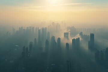 Amidst the towering skyscrapers of a bustling metropolis, the hazy fog and vibrant sun create a stunning cityscape, casting a dreamlike haze over the urban landscape