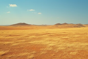 A serene and expansive landscape of rolling hills and endless sky, the golden grasses of the steppe...