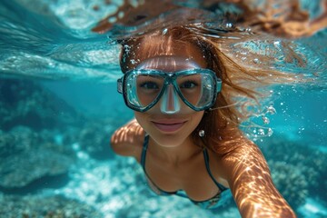 A determined woman effortlessly glides through the sparkling blue waters of the swimming pool, her face adorned with goggles and her body equipped with diving gear, fully immersed in the serene world