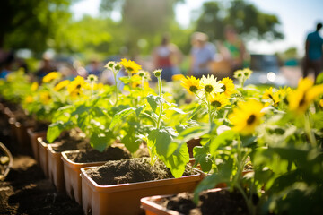 Fototapeta na wymiar Sunflower seedlings in pots on a sunny day. Selective focus.