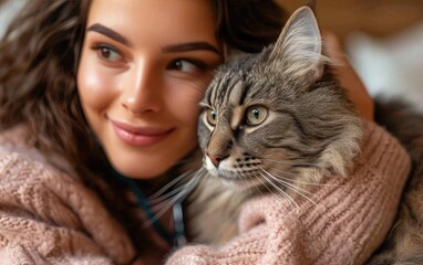 A domestic feline nestled in the arms of a gentle woman, their bond evident through the soft fur, delicate whiskers, and loving gaze shared between human and felidae