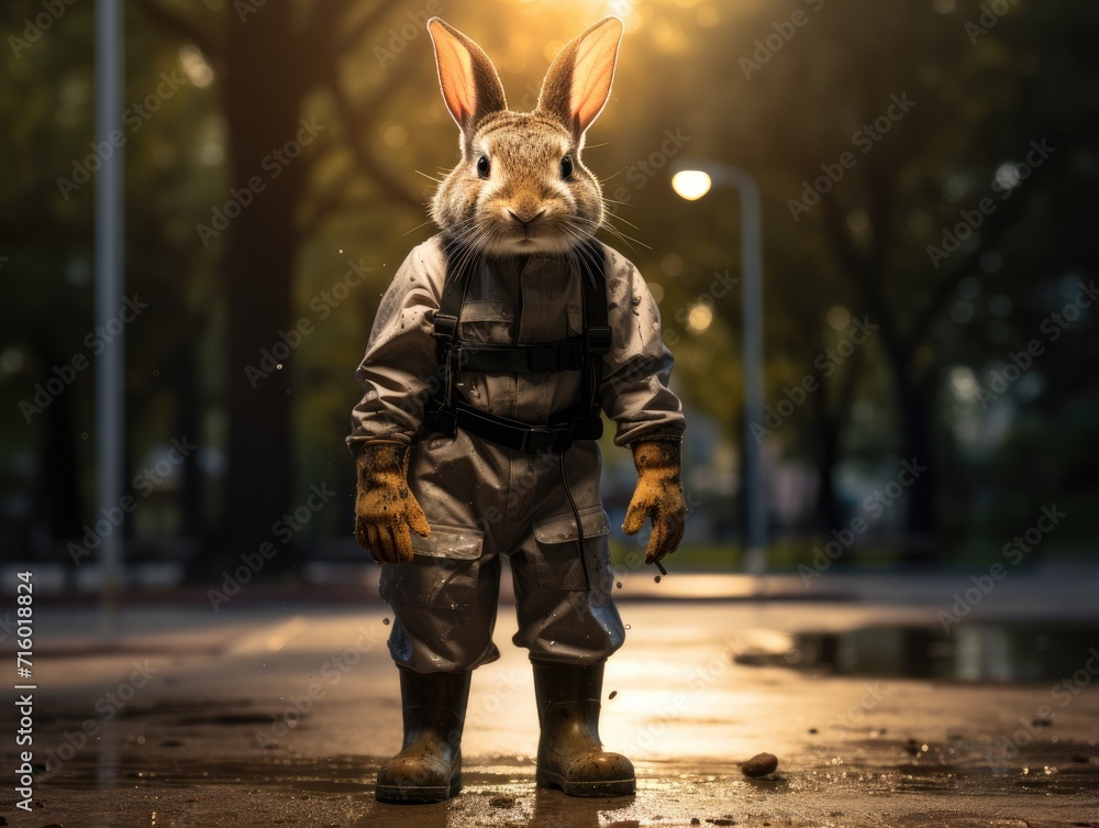 Poster a rabbit in a rain suit standing in a puddle. generative ai.